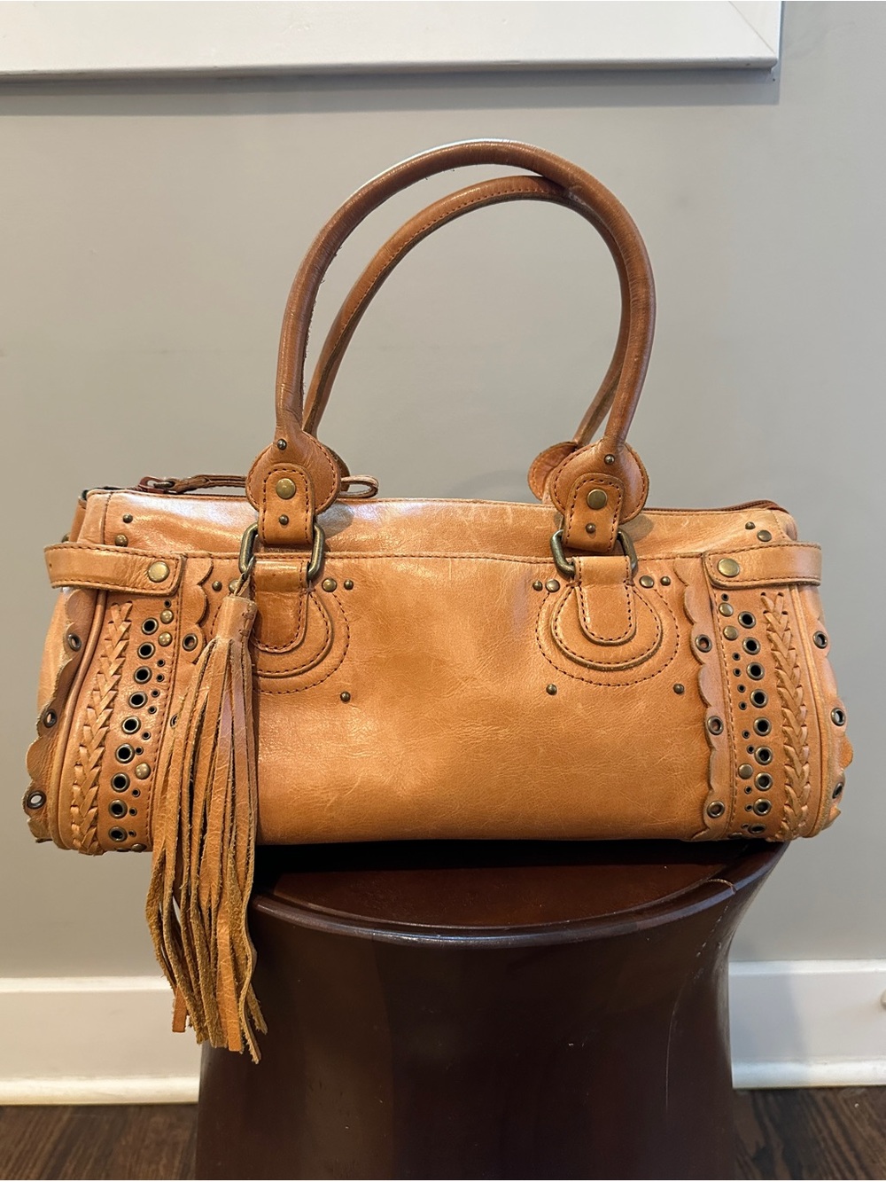 Vintage BCBG Max Azria Studded Tassel Leather Satchel Handbag - Tan